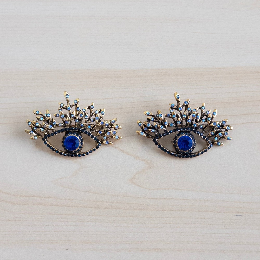Womens Evil Eye Brooch Pin 2 Piece Set OS Blue Gold Rhinestone Crystal Statement - Picture 3 of 7